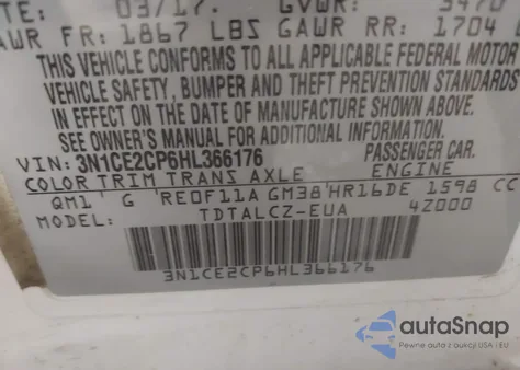 2017 Nissan Versa Note S Plus z USA, uszkodzony, nr VIN 3N1CE2CP6HL366176